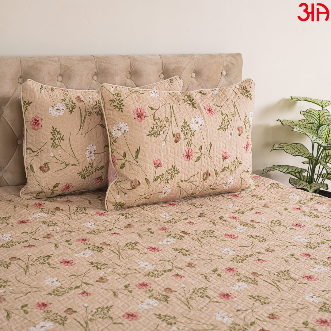 Pink and Peach Reversible Floral King Size (100x108)-Inch Quilted Bedcover Set (1+2)