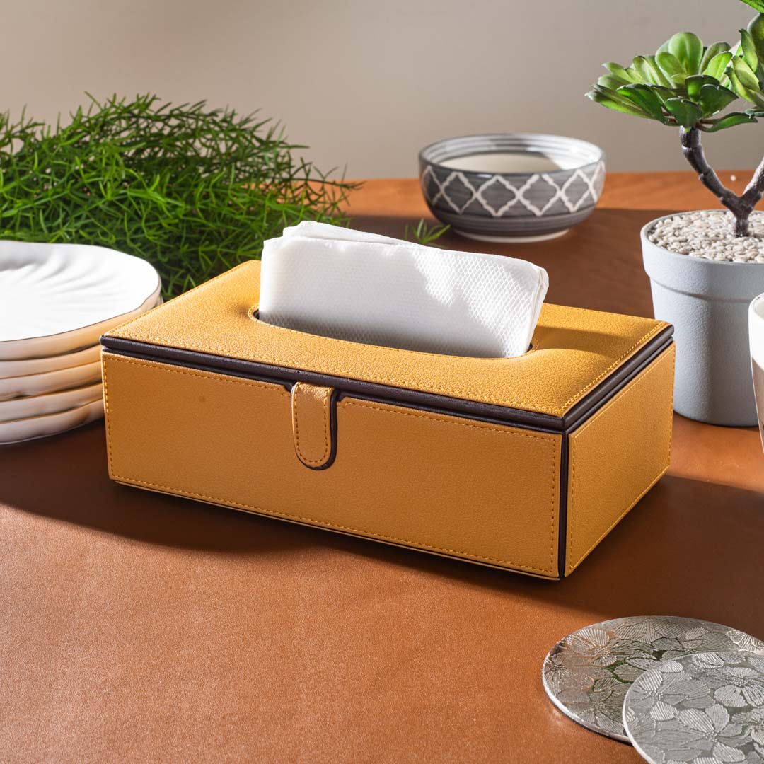 Yellow Vegan Leather Tissue Box Holder – 24 × 14 × 8 cm