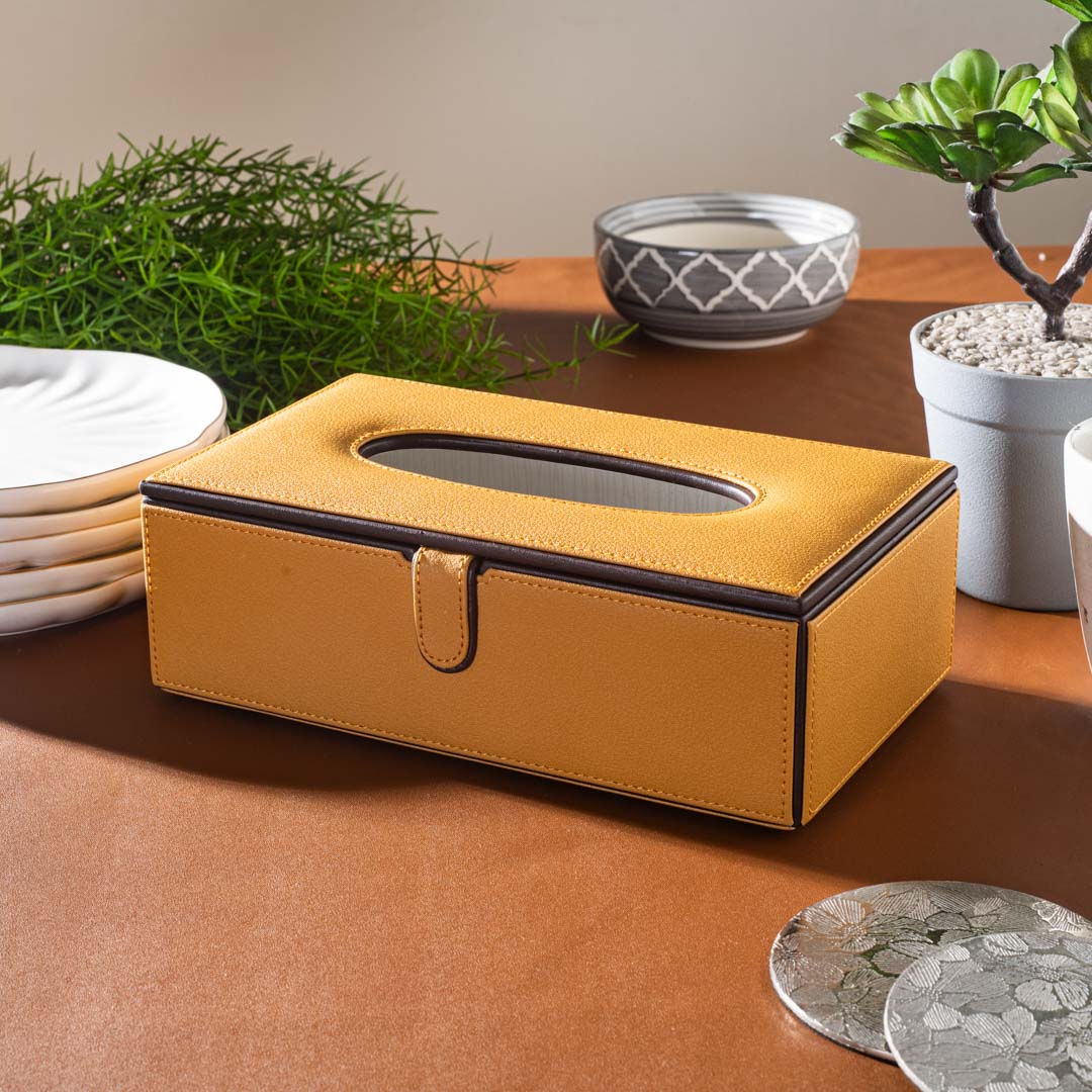 Yellow Vegan Leather Tissue Box Holder – 24 × 14 × 8 cm