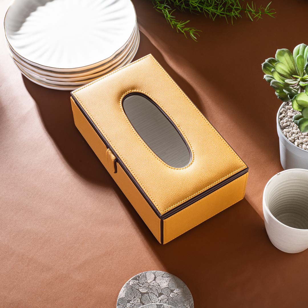Yellow Vegan Leather Tissue Box Holder – 24 × 14 × 8 cm