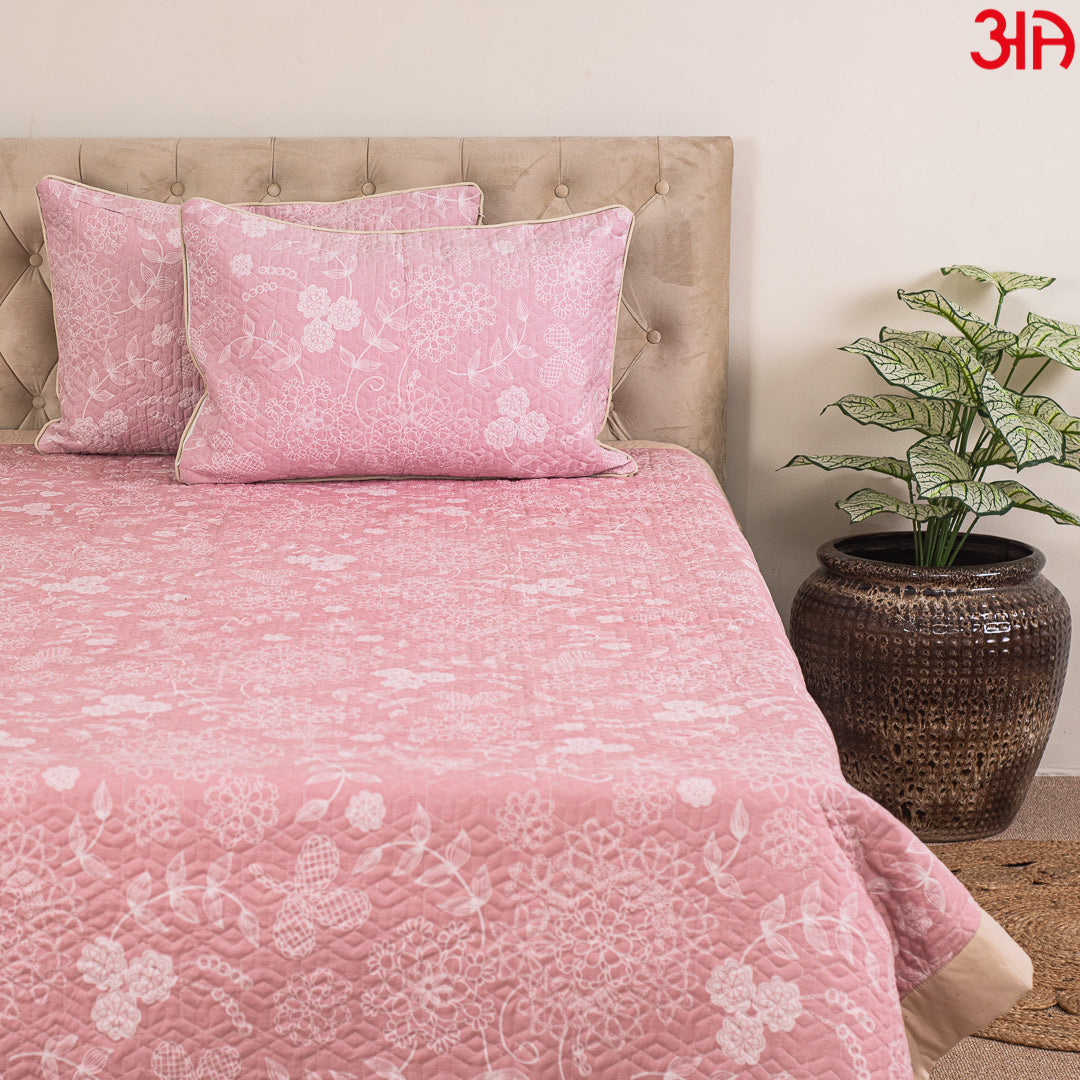 Pink and Peach Reversible Floral King Size (100x108)-Inch Quilted Bedcover Set (1+2)