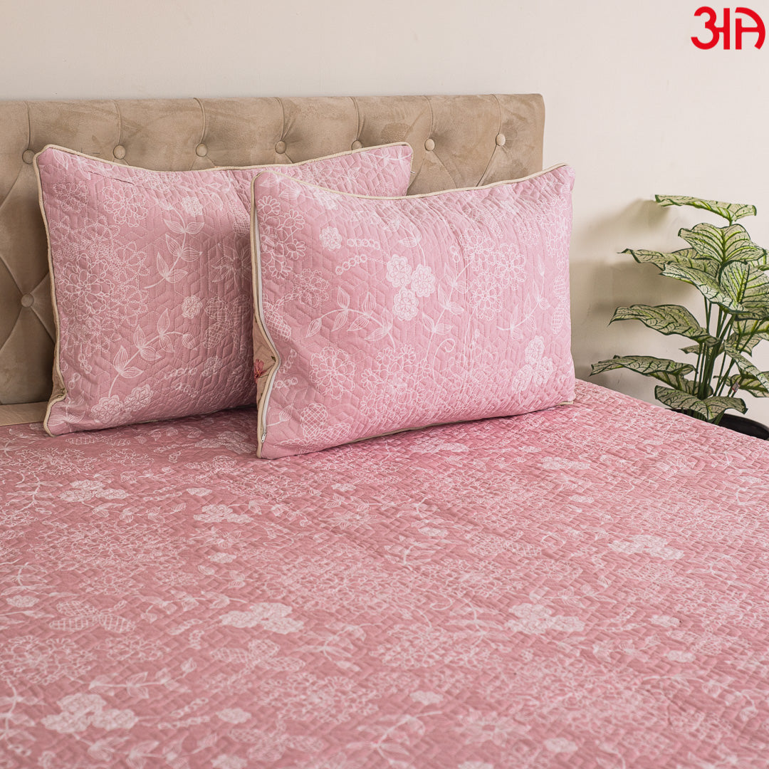 Pink and Peach Reversible Floral King Size (100x108)-Inch Quilted Bedcover Set (1+2)