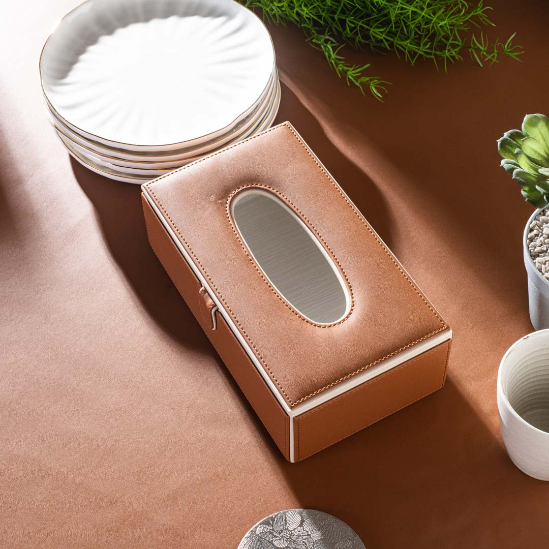 Tan Vegan Leather Tissue Box Holder – 24 × 14 × 8 cm
