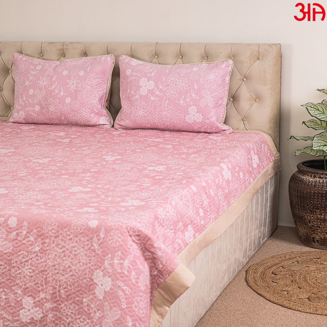 Pink and Peach Reversible Floral King Size (100x108)-Inch Quilted Bedcover Set (1+2)