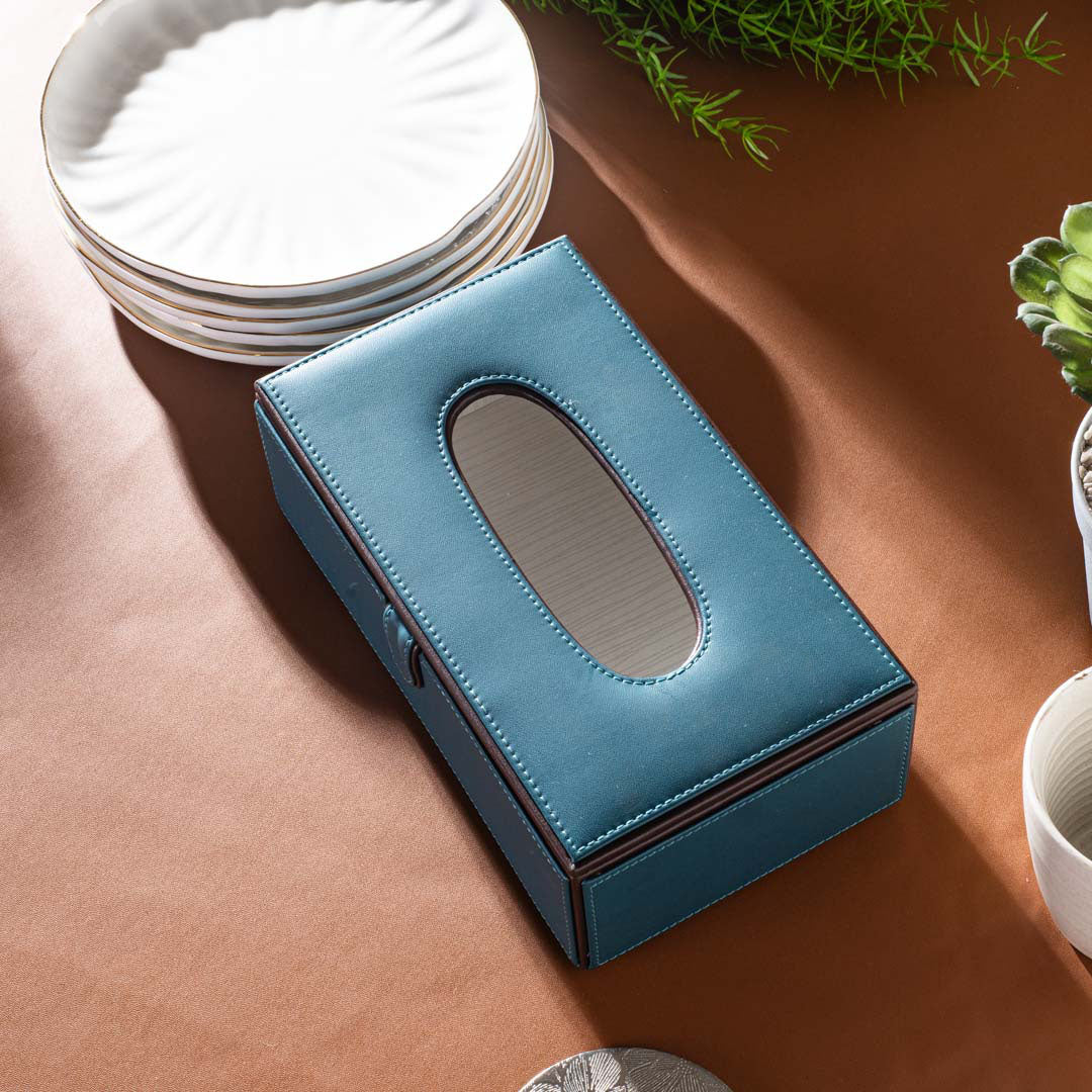 Teal Vegan Leather Tissue Box Holder – 24 × 14 × 8 cm