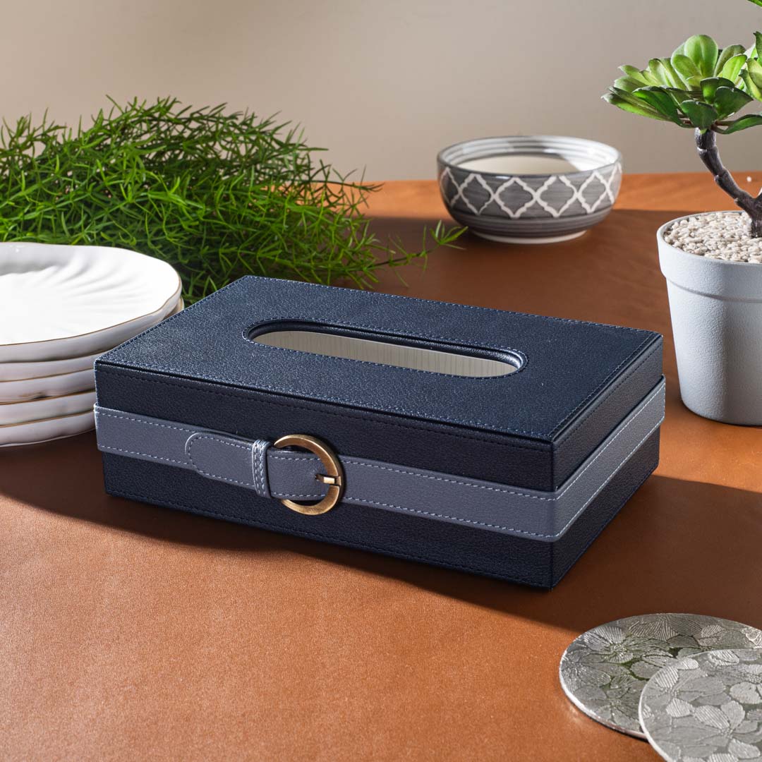 Grey-Navy Buckle Design Leather Tissue Box (24x14x8)CM