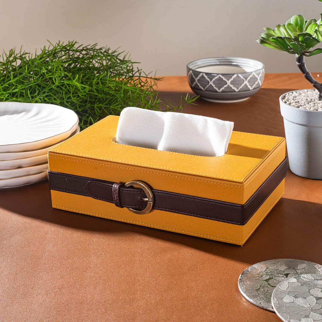 Yellow-Brown Buckle Design Leather Tissue Box (24x14x8)CM
