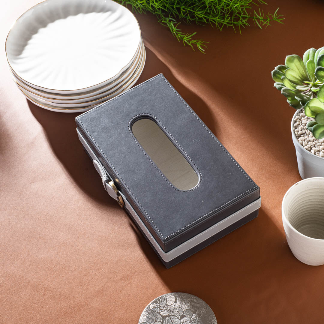Deep Grey Buckle Design Leather Tissue Box (24x14x8)CM