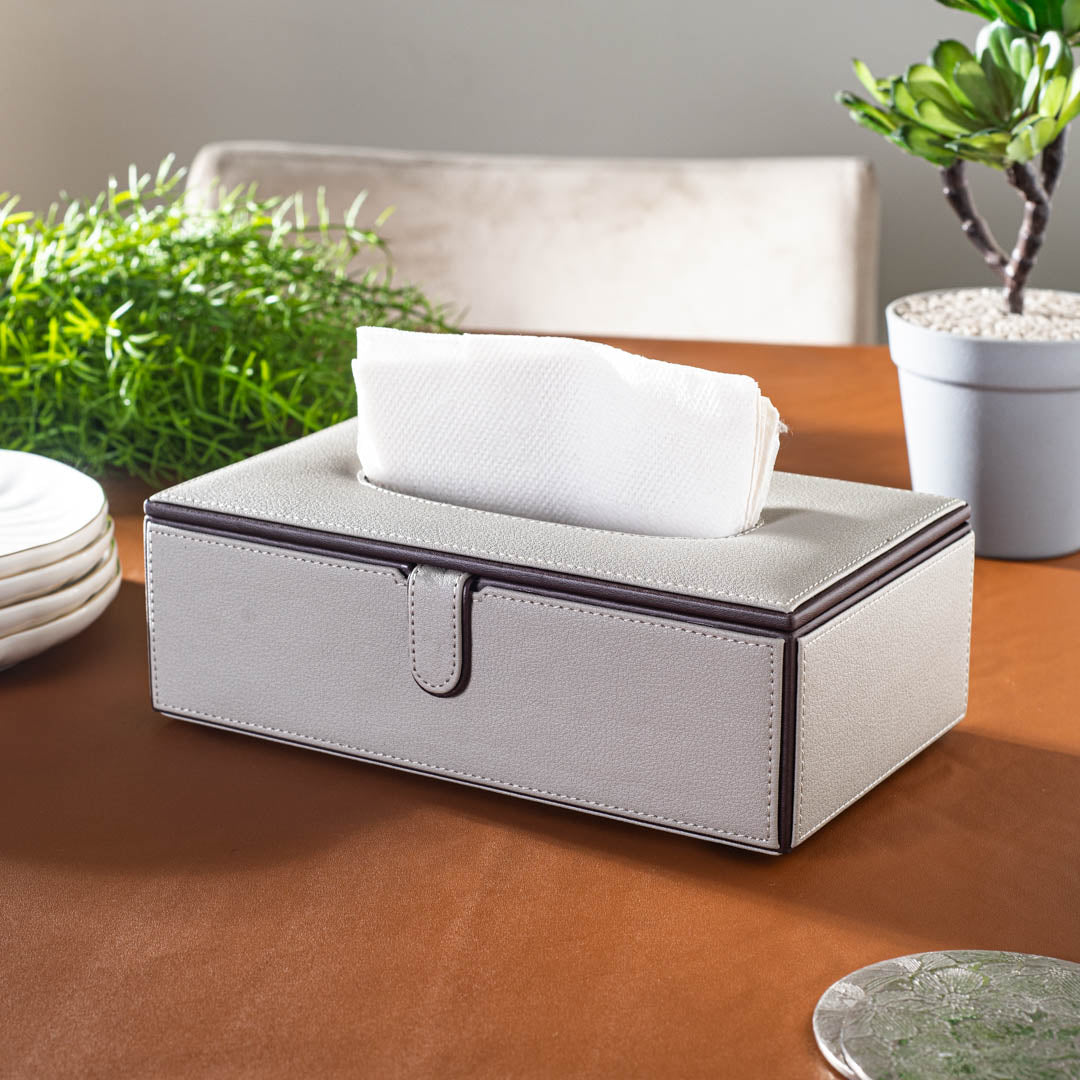Lite Grey Vegan Leather Tissue Box Holder – 24 × 14 × 8 cm