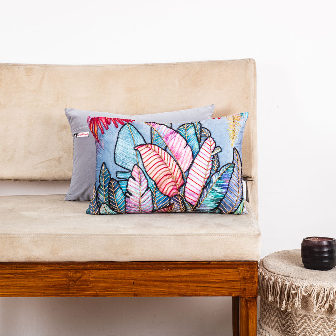 Designer Botanical Cushion Cover with Embellished Leaf Artwork