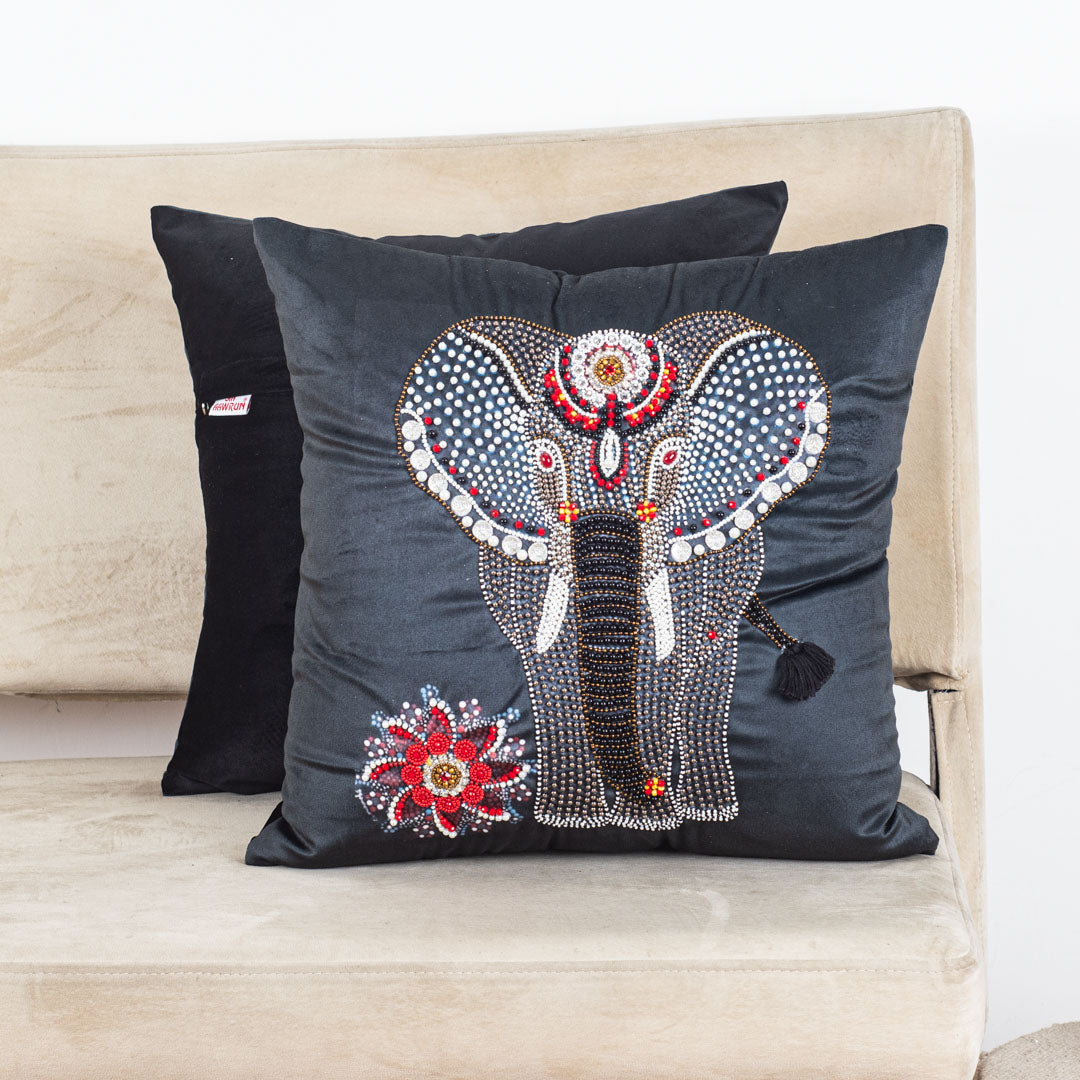 Designer Elephant Motif Cushion Cover with Decorative Embellishments
