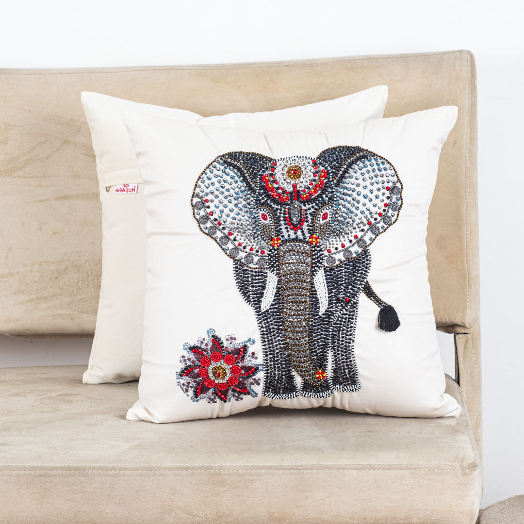 Designer Elephant Motif Cushion Cover with Decorative Embellishments