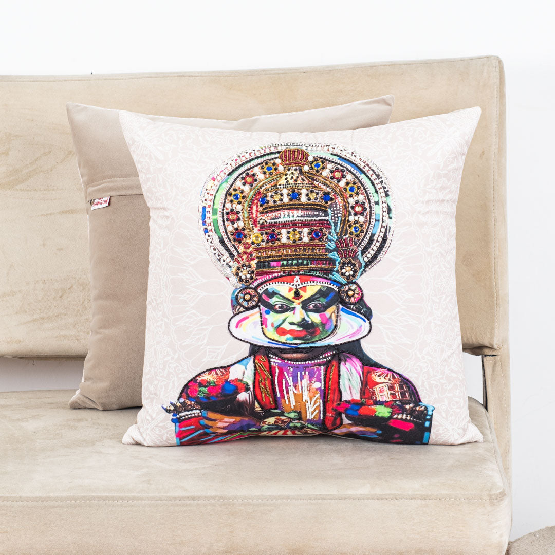 Colourful Kathakali King Embroidered Cushion Cover