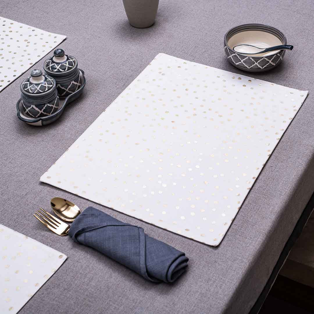 White And Gold Cotton Foil Dot Print Table Mat