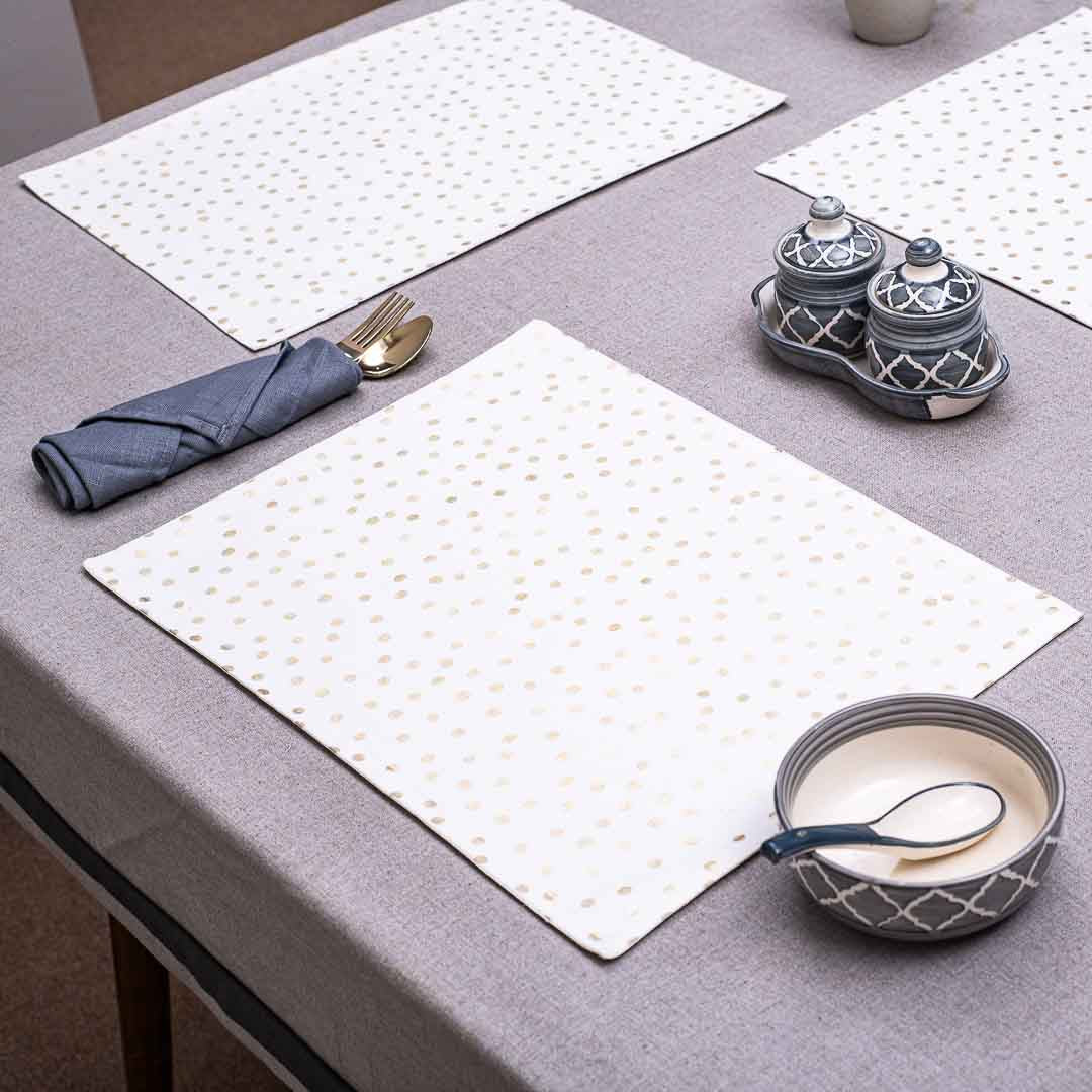 White And Gold Cotton Foil Dot Print Table Mat