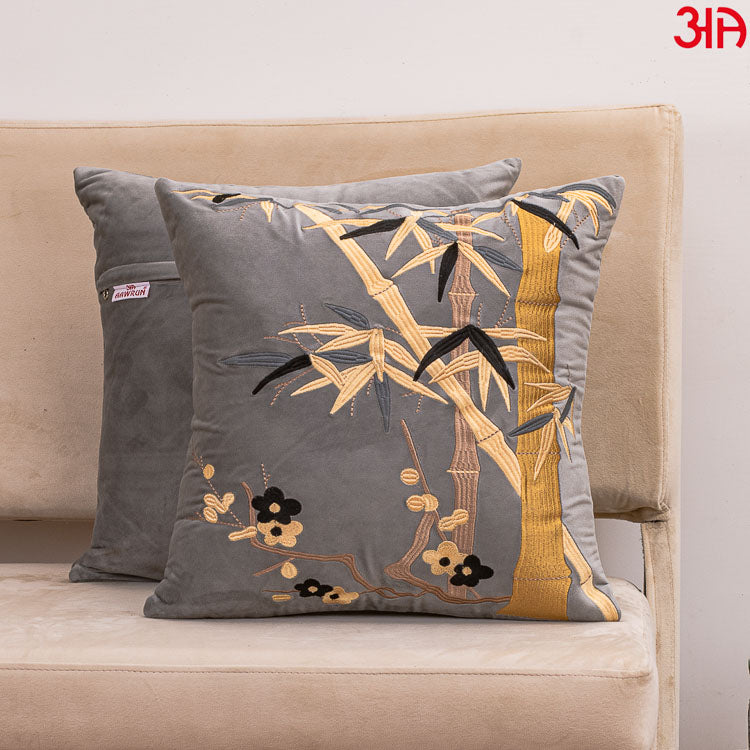 Bamboo leaf embroidery cushion cover grey1