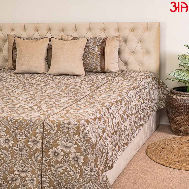 beige chenille floral bed cover4