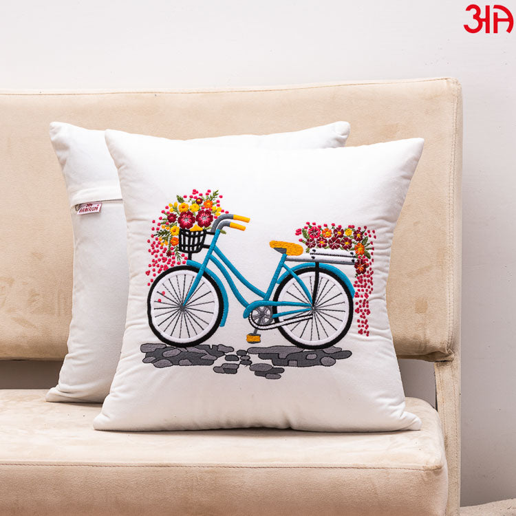 White Bicycle Embroidery Velvet Cushion
