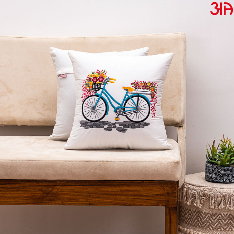 White Bicycle Embroidery Velvet Cushion2