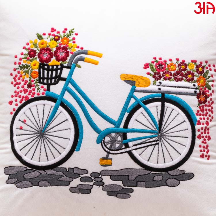 White Bicycle Embroidery Velvet Cushion3