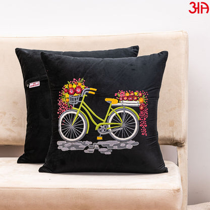 Black Bicycle Embroidery Velvet Cushion