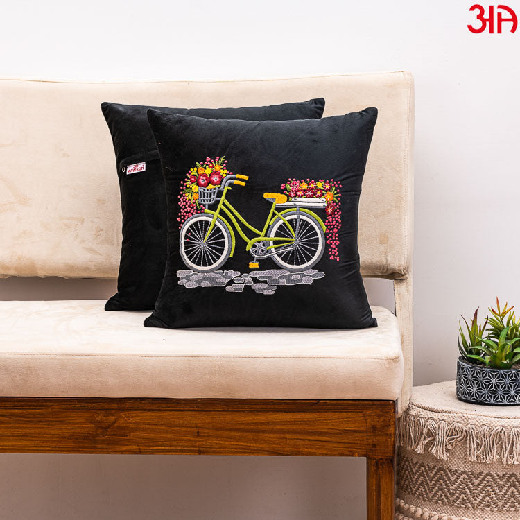 Black Bicycle Embroidery Velvet Cushion2