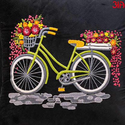 Black Bicycle Embroidery Velvet Cushion3