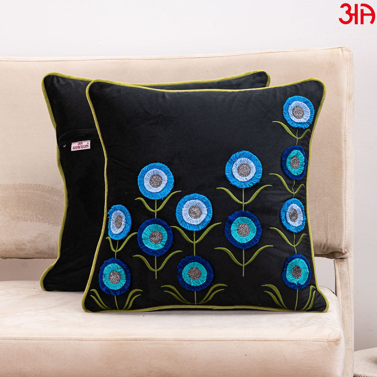 Floral Embroidered Cushion Cover Black Blue