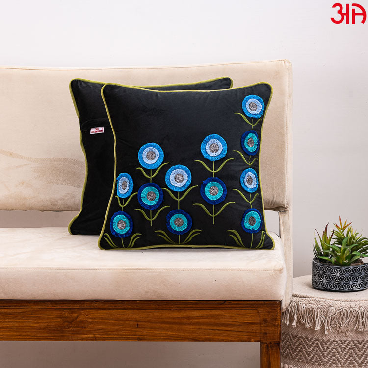 Floral Embroidered Cushion Cover Black Blue2