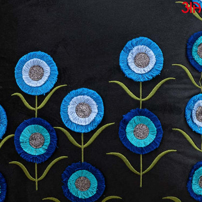 Floral Embroidered Cushion Cover Black Blue3