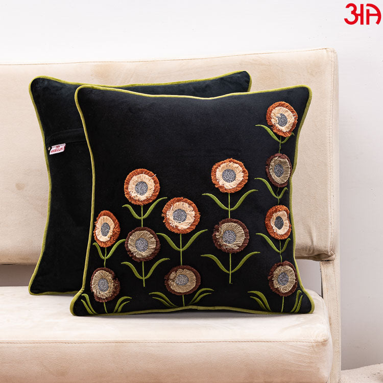Floral Embroidered Cushion Cover Black Brown