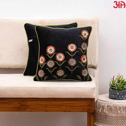 Floral Embroidered Cushion Cover Black Brown2