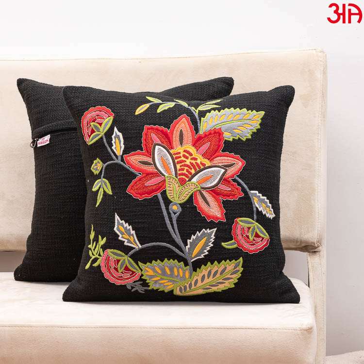 Black floral embroidery cotton cushion cover