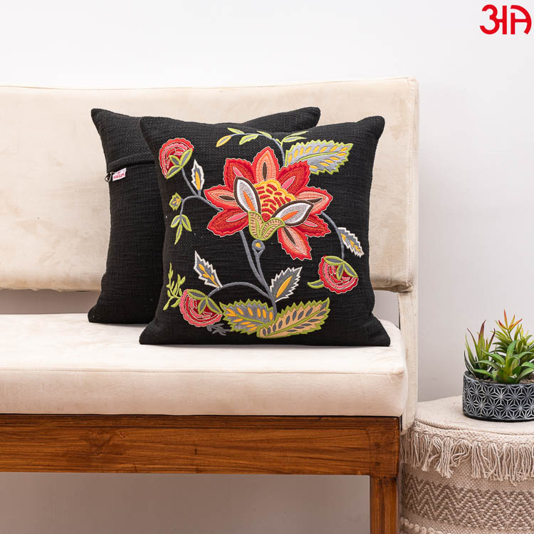 Black floral embroidery cotton cushion cover2