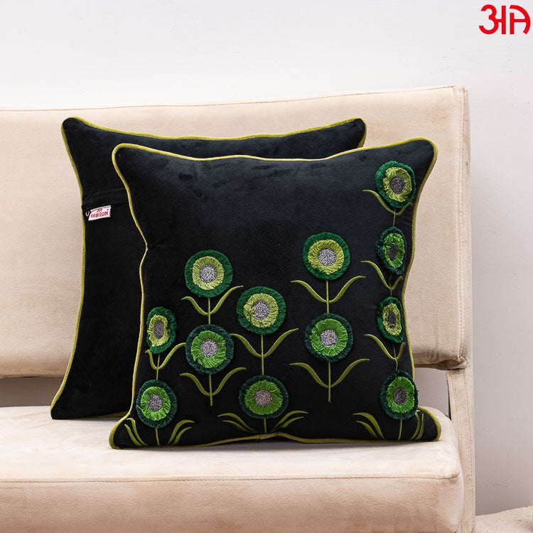 Floral Embroidered Cushion Cover Black Green