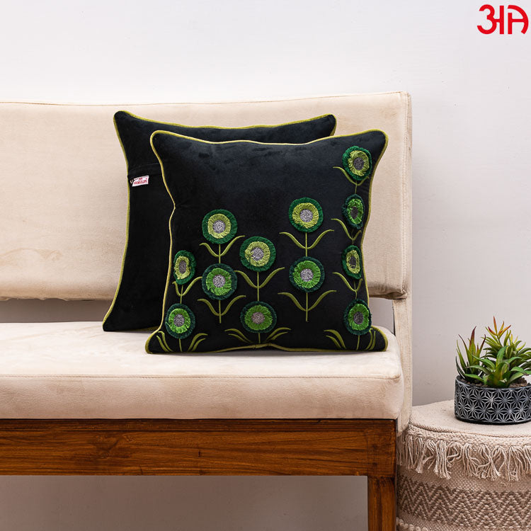 Floral Embroidered Cushion Cover Black Green2