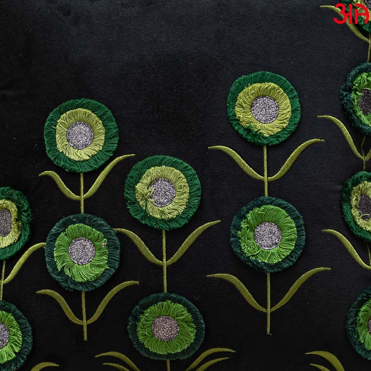 Floral Embroidered Cushion Cover Black Green3