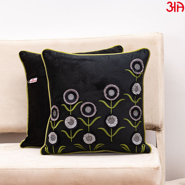 Floral Embroidered Cushion Cover Black Grey