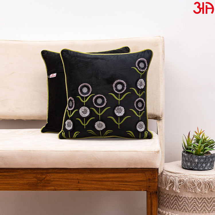 Floral Embroidered Cushion Cover Black Grey2