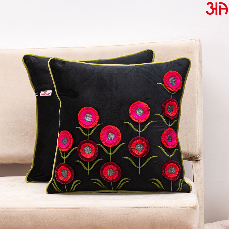 Floral Embroidered Cushion Cover Black Red