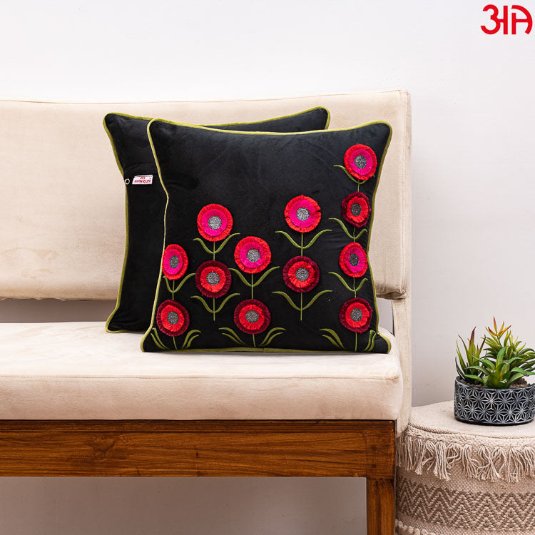 Floral Embroidered Cushion Cover Black Red2