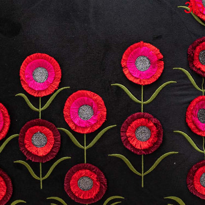 Floral Embroidered Cushion Cover Black Red3