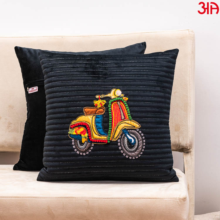 black scooter embroidery cushion
