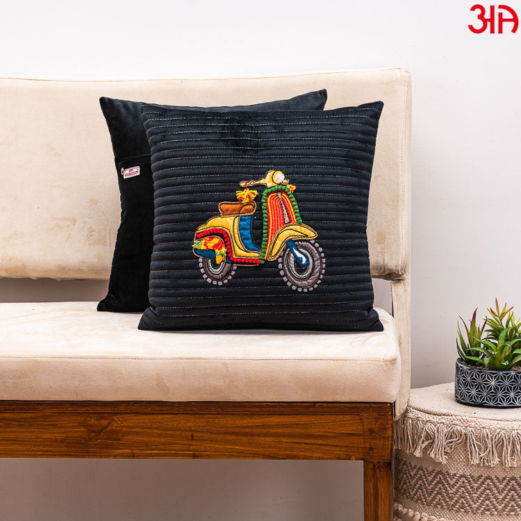 black scooter embroidery cushion2