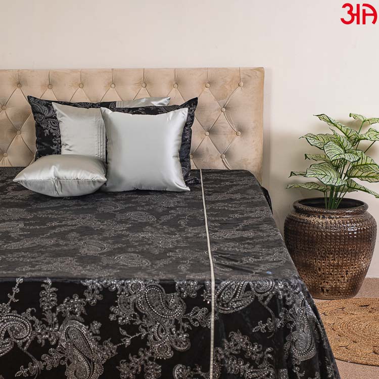 velvet foil print silver bed cover