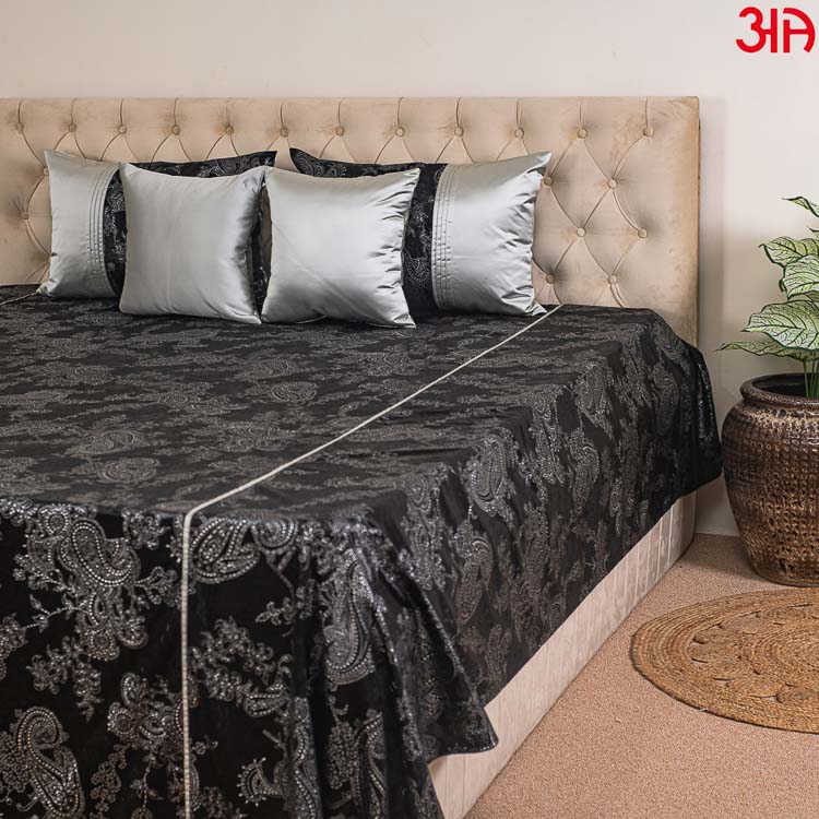 velvet foil print silver bed cover4