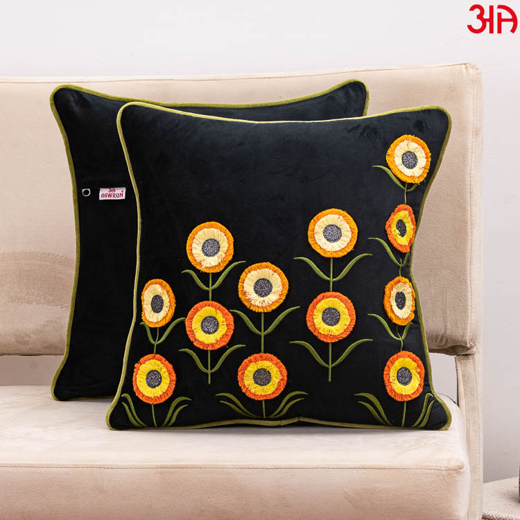 Floral Embroidered Cushion Cover Black Yellow