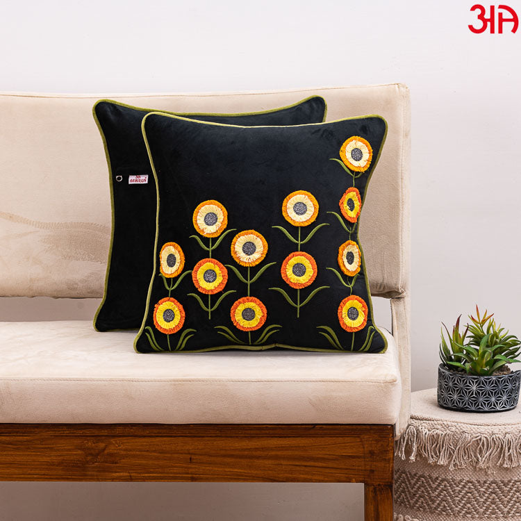 Floral Embroidered Cushion Cover Black Yellow2