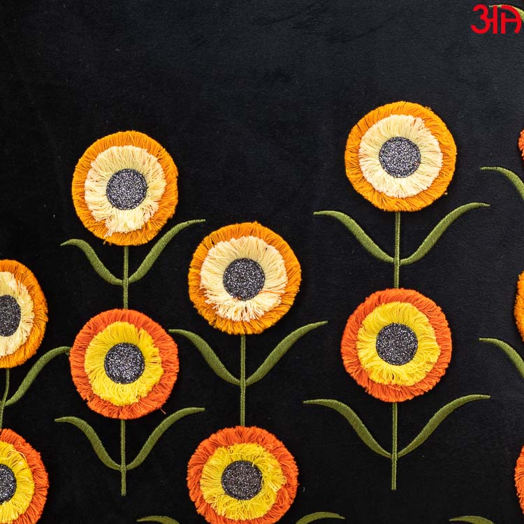 Floral Embroidered Cushion Cover Black Yellow3