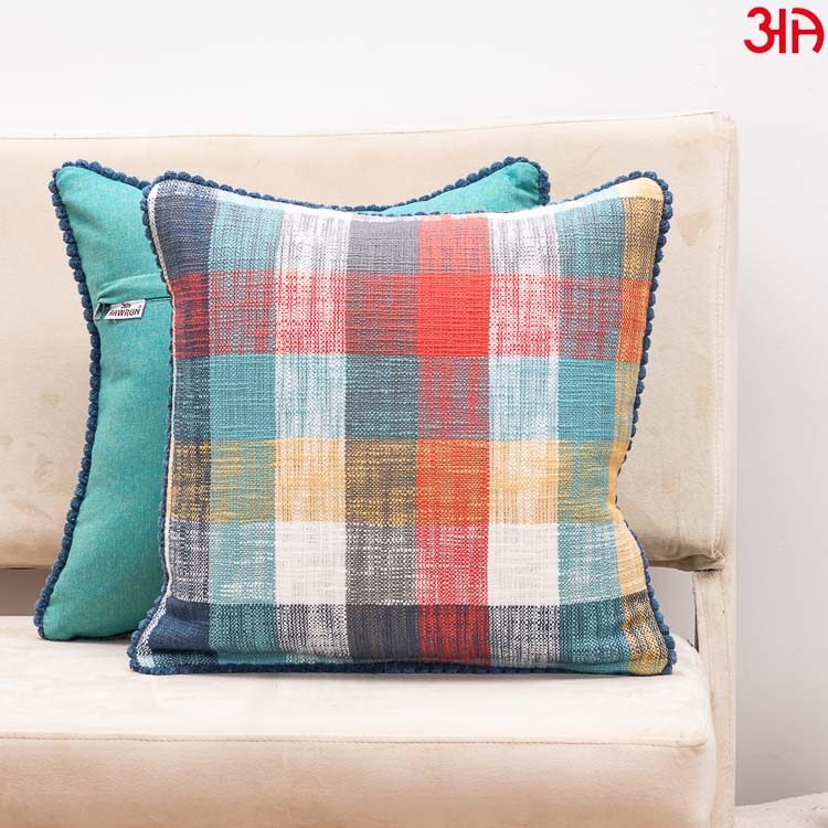 blue green check cotton cushion